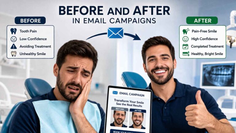 Before and After in Email Campaigns showing male dental patient transformation from tooth pain to confident smile with automated email marketing system
